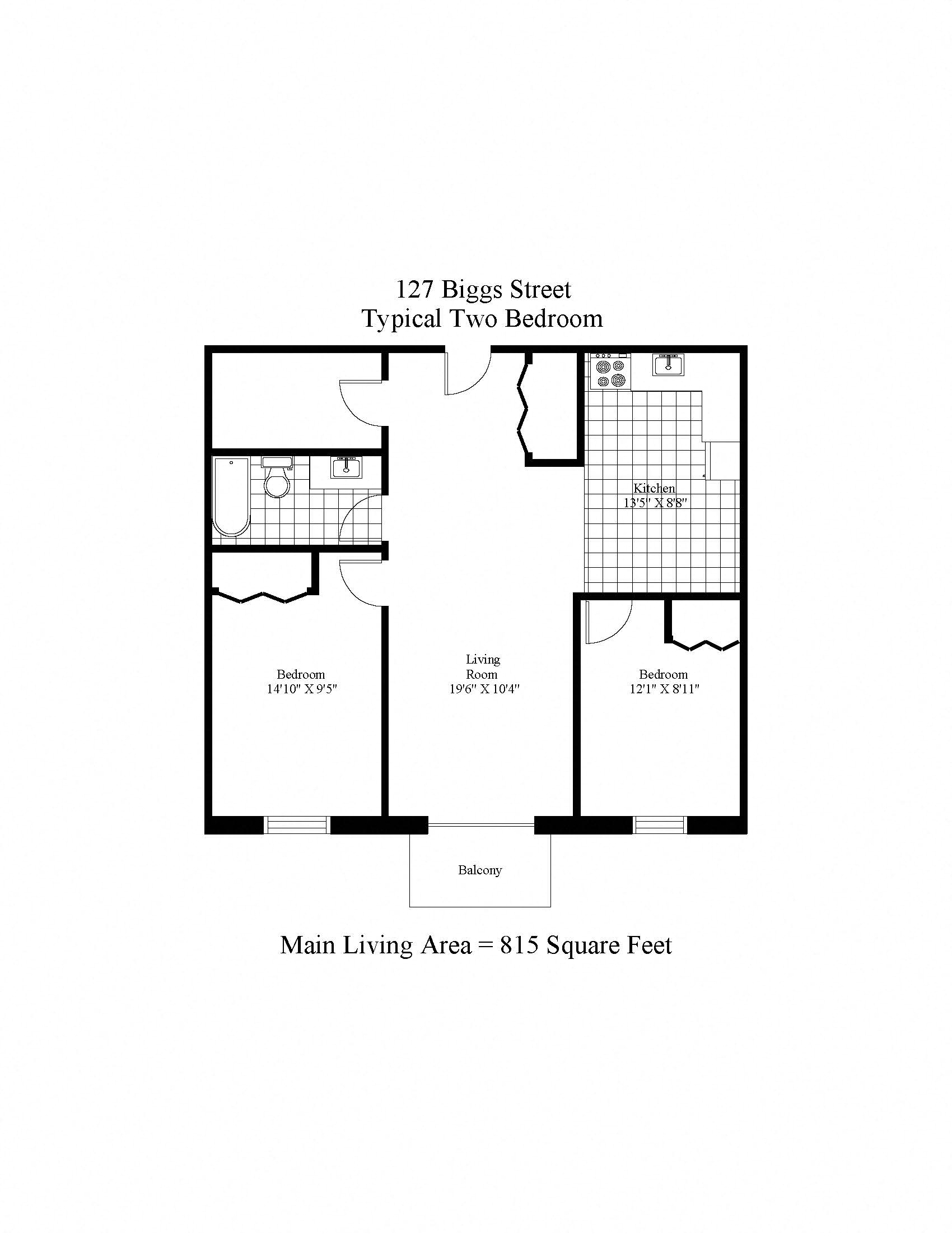 Floor plan for 2 beds, 1 bath, 815 sqft